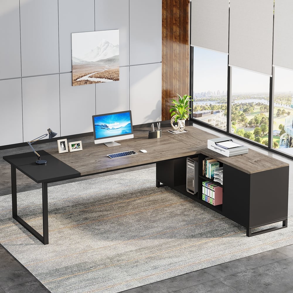 L-Shaped Executive Computer Desk and File Storage Cabinet Set