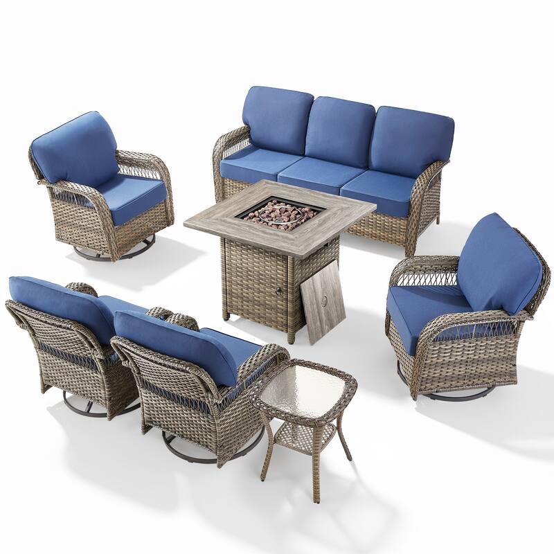Pocassy Outdoor Sofa Ottoman Swivel Chair Table with Fire Table Funiture Set.