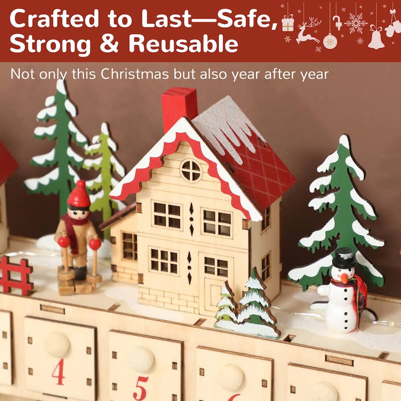 HOMCOM Christmas Advent Calendar with 24 Drawers, Reusable Lighted Wood-Effect Countdown , Battery Operated, Natural Tone