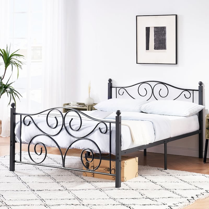 VECELO Metal Platform Bed Frame with Scroll Headboard, Twin/Full/Queen Size Beds