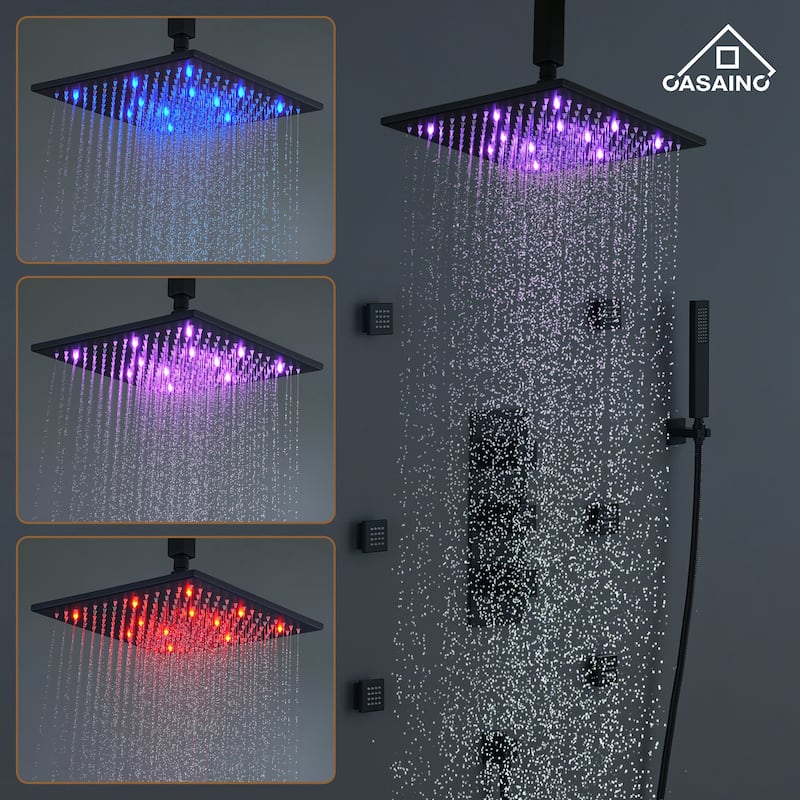Celling 12 inch LED 3 Function Thermostatic Shower System with 6 Body Jets