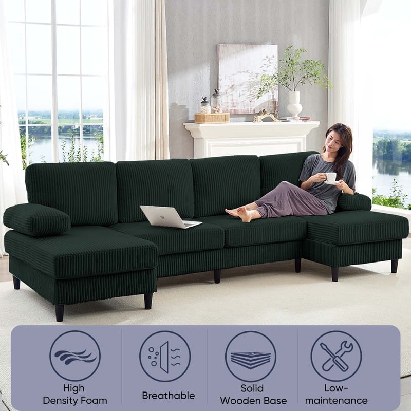 Mixoy W110"U-Shaped Sectional Sofa Couches with Double Chaises and Sleepable Armrests,Corduroy Upholstered 4-Seater Sofa