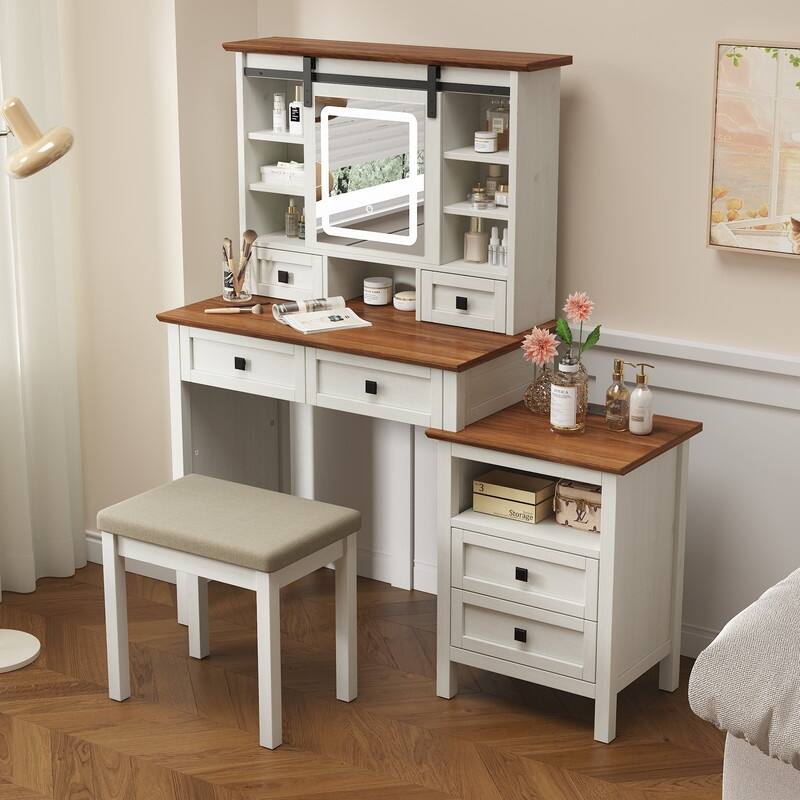 46.5'' Farmhouse Makeup Vanity Desk with Adjustible LED Lighted Mirror and Charging Station, Stool for Bedroom