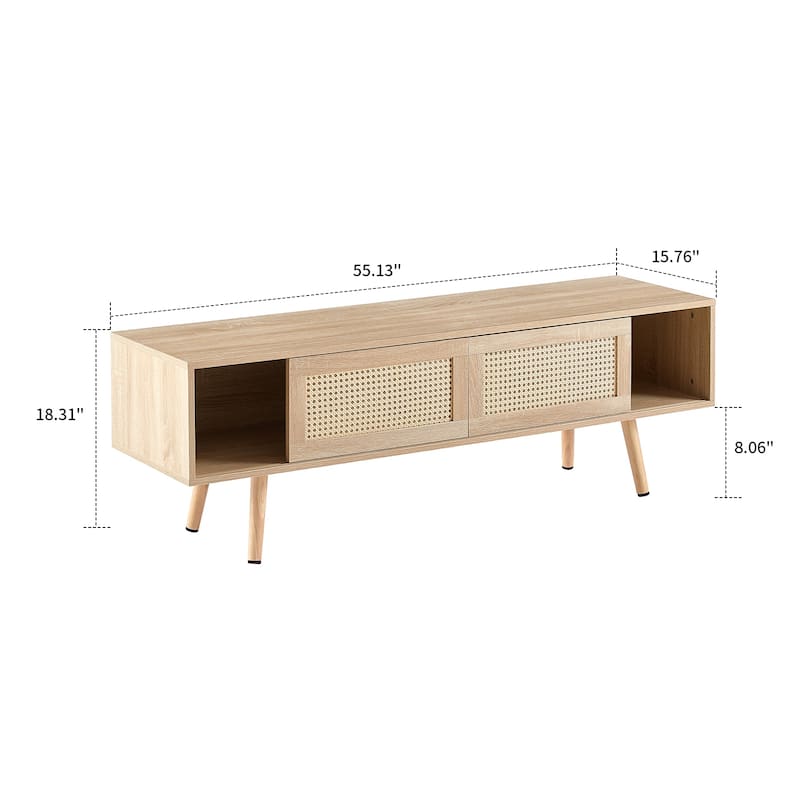 Modern Farmhouse Style Wooden TV Stand with Two Rattan Woven Sliding Doors
