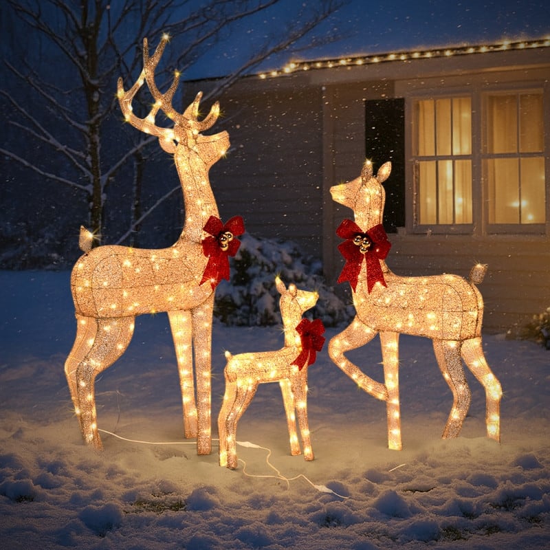 3-Piece Lighted Christmas Reindeer Family Set Outdoor Decorations Weather Proof Sparkling Deer Family