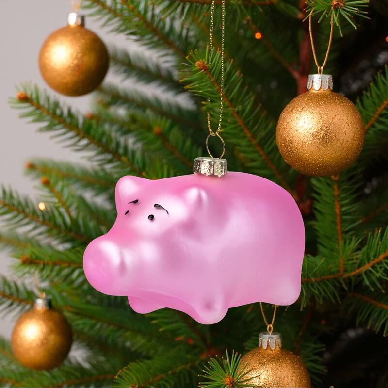 Pink Pig Glass Christmas Ornament - 4"