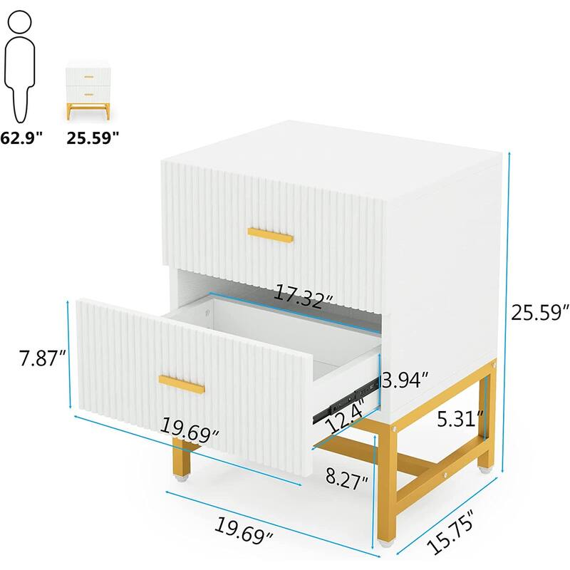 White Nightstand 2-Drawer Bedside Table for Bedroom Sofa side Table