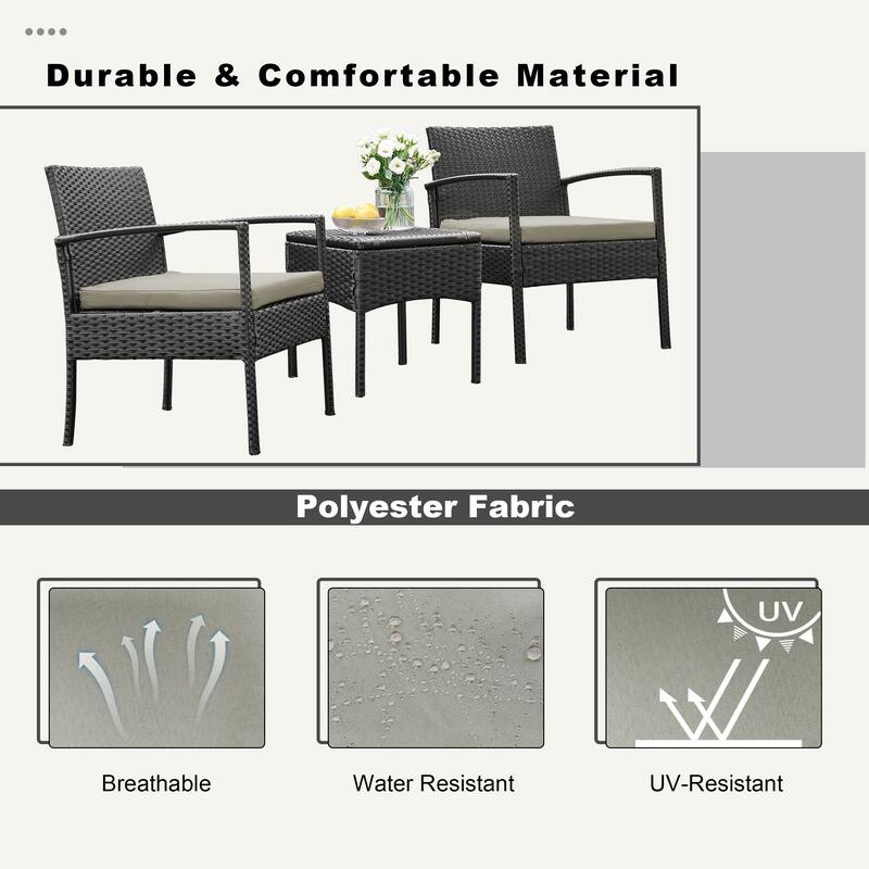 Outdoor Furniture 3 Piece Patio Bistro Furniture Set, Rattan Conversation Chairs Set with Side Table and Cushions