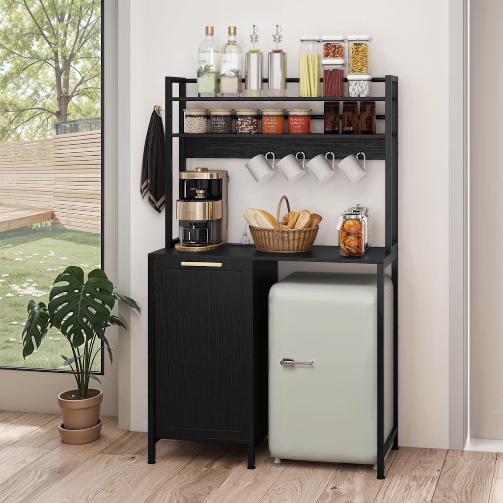 Kitchen Baker's Rack with Mini Fridge Space Trash Can Cabinet and Charger Station for Dorm or Small Space Organization