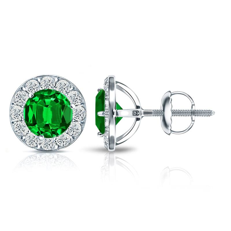 Auriya 14k Gold Lab Grown Gemstone Green Emerald Stud Earrings Round 0.25 to 5.00 ct. tw. Halo Screw-Back - 0.40ct tgw. - White
