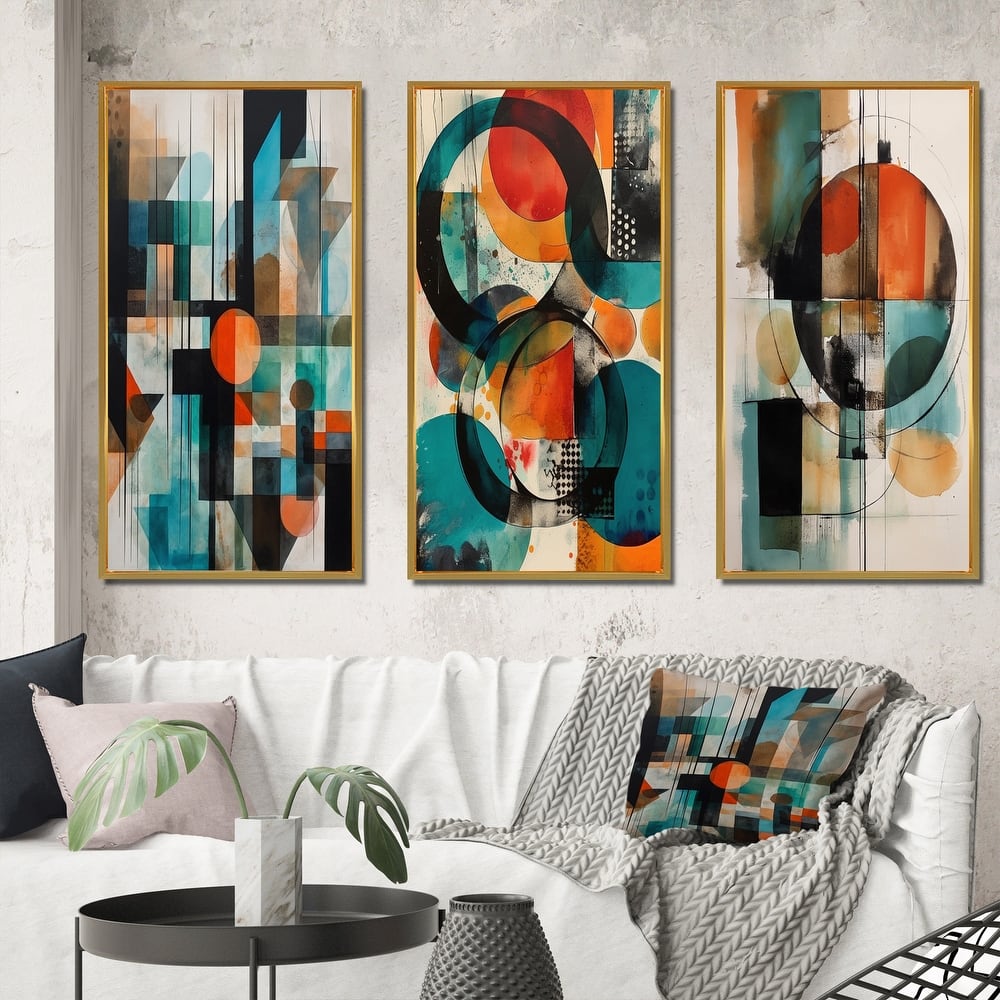 Designart "Orange Abstracted Geometric Explorations IV" Modern Geometric Framed Wall Art Set Of 3 For Office Decor