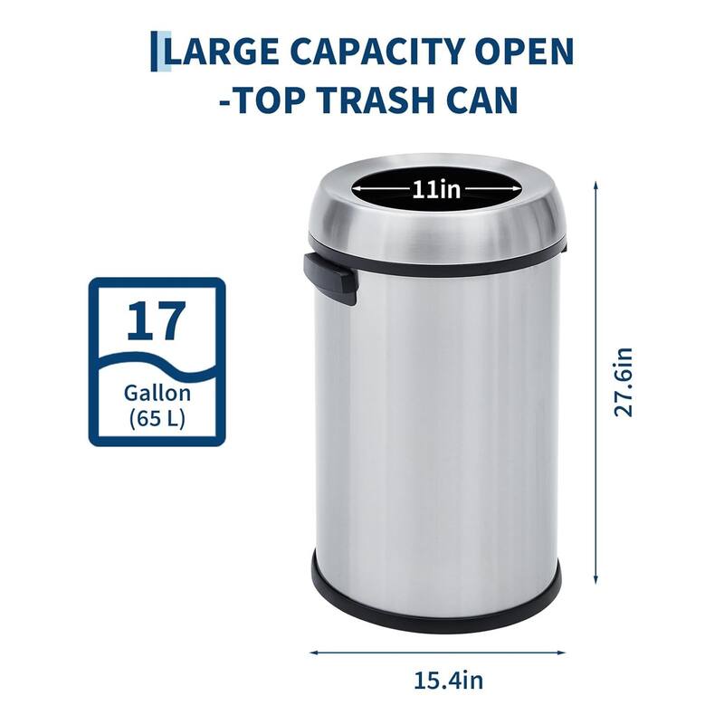 17 Gallon Commercial Stainless Steel Trash Can with Open-Top