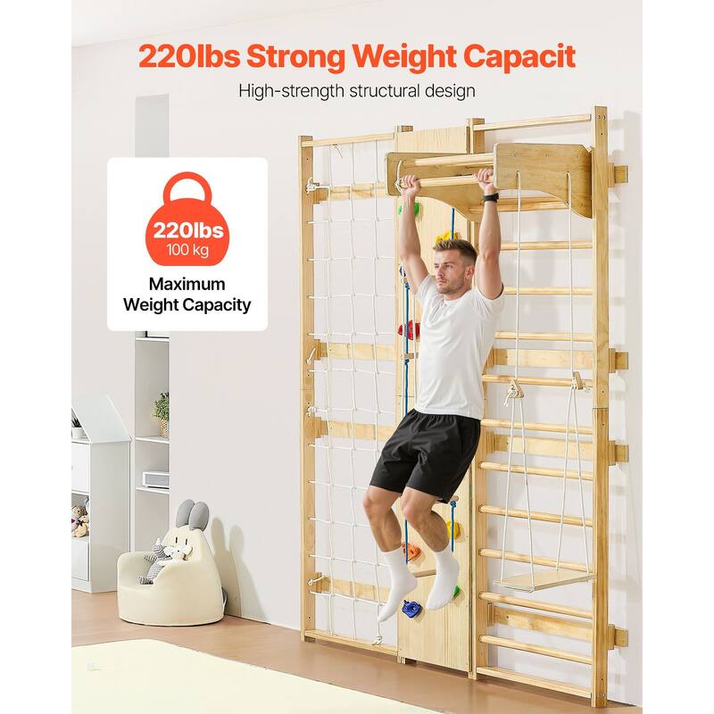 9 in 1 Wall Mounted Indoor Jungle Gym Climbing Playset Solid Pine Wood for Kids and Adults with Ladder and Stall Bars
