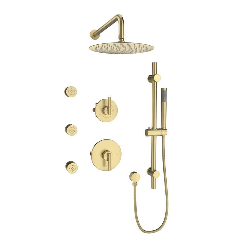 3-Spray Pressure Balanced 10 in. Wall Mount Fixed and Handheld Dual Shower Head 2.5 GPM with Adjustable Slide Bar and 3-Body Jet - Brushed Gold