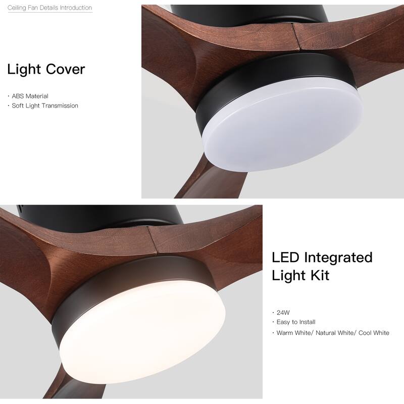 6-Speed Remote Control Wood Dimmable Ceiling Fan with Lights & Reversible Motor, Smart APP Control, Quiet Flush Mount Fan