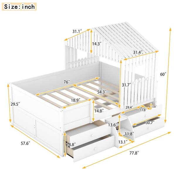 dimension image slide 0 of 2, Modern House-Shaped Full Size Wood Low Loft Bed with Staircase,Four Storage Drawers Under-Bed,Full-Length Guardrail and Roof