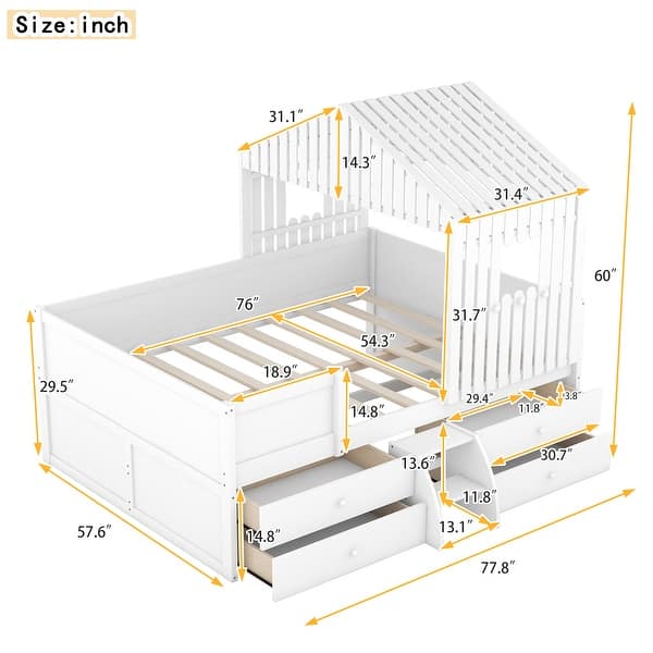dimension image slide 1 of 2, White Full Size House Bed with Four Storage Drawers and Guardrails