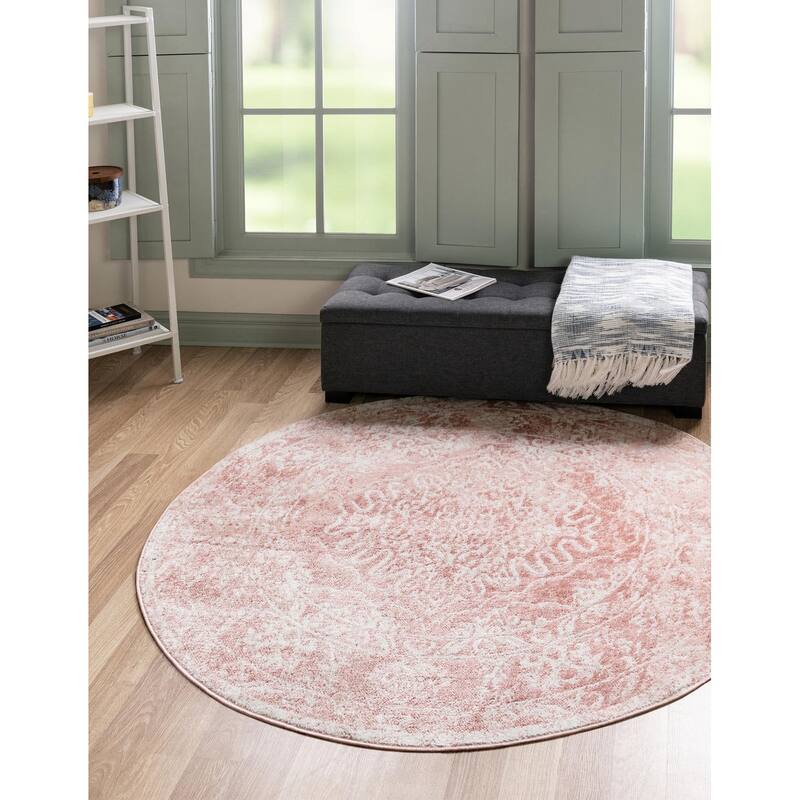 Contemporary Trabzon Collection Area Rug - Pink-Ivory - 3' Round