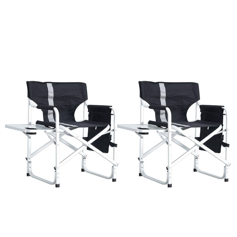 Aluminum Folding Chair with Side Tray and Storage Bag for Fishing and Picnics - 2-piece +Black