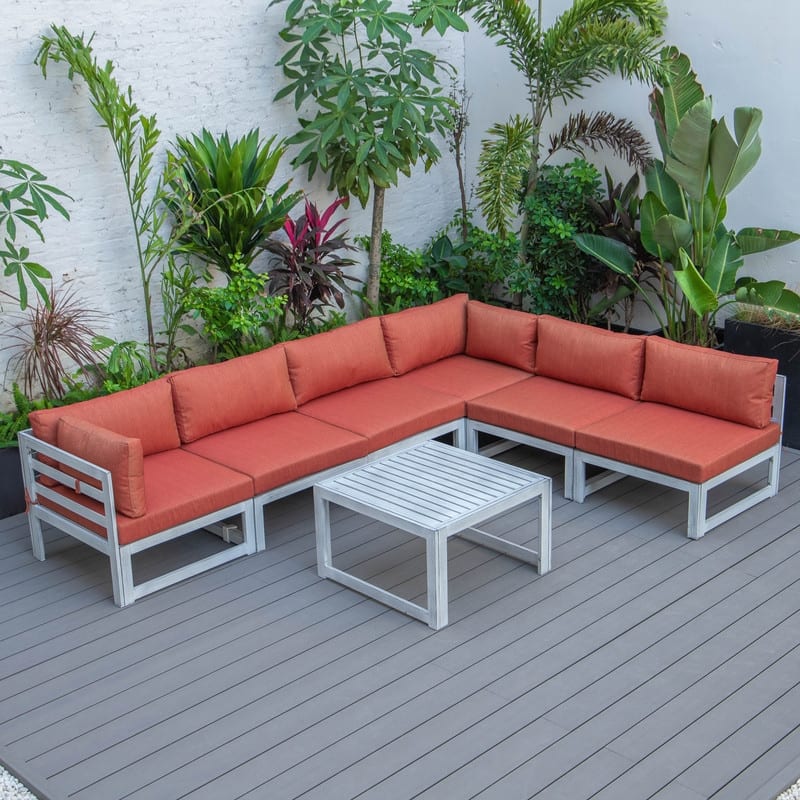 Chelsea 7-piece Aluminum Outdoor Modular Sectional Sofa Set with 55,000 BTU Gas Fire Pit Table and All-Weather Cushions