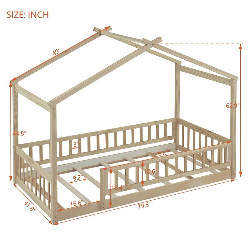 Wood Bed House Bed Frame with Fence for Kids