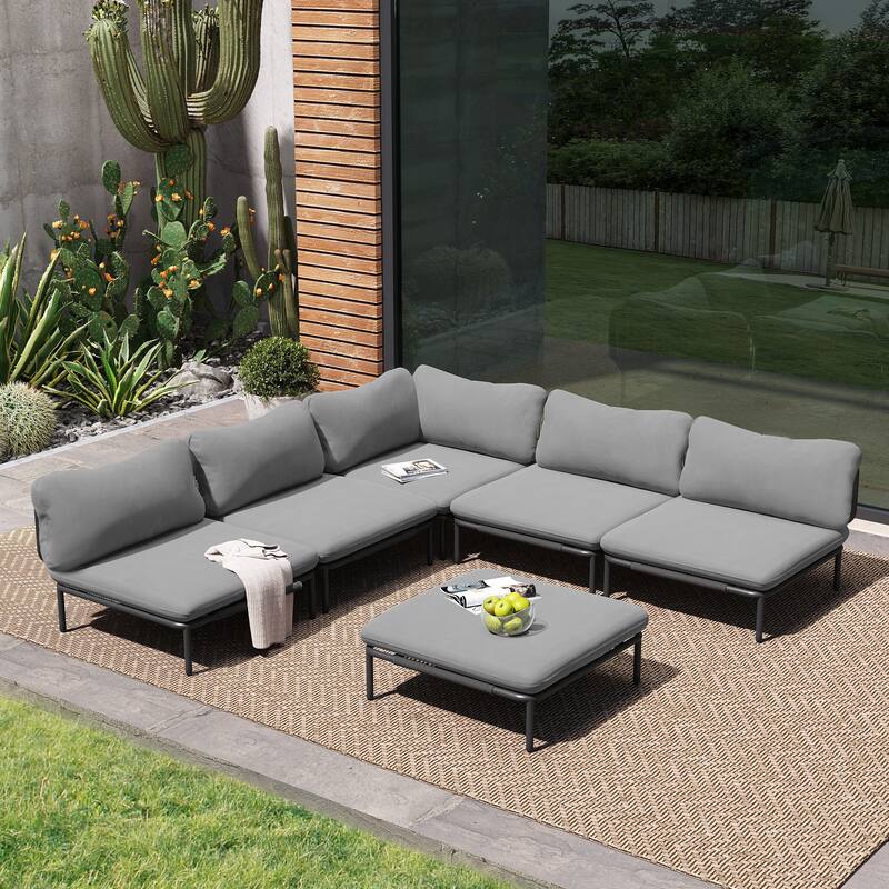 Outdoor Cushioned Sectional Sofa Chat Set Patio Furniture Conversation Set, Free Combination - 6-piece seats - Dark Gray, 6pcs seats & 6 arms