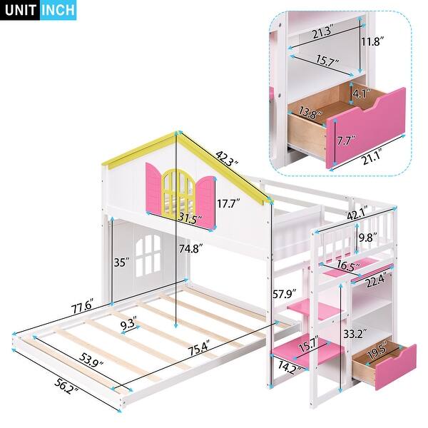 dimension image slide 1 of 2, House Shaped Bed with Windows,Twin over Full House Bunk Bed with Pink Staircase and Drawer, Shelves Under the Staircase.