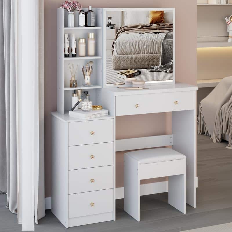 Vanity Dresser with Mirror and Stool Set Storage Drawers Luxury Furniture
