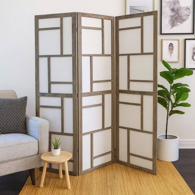Contemporary 3 Panel Wooden Screen with Geometrical Designs, Gray