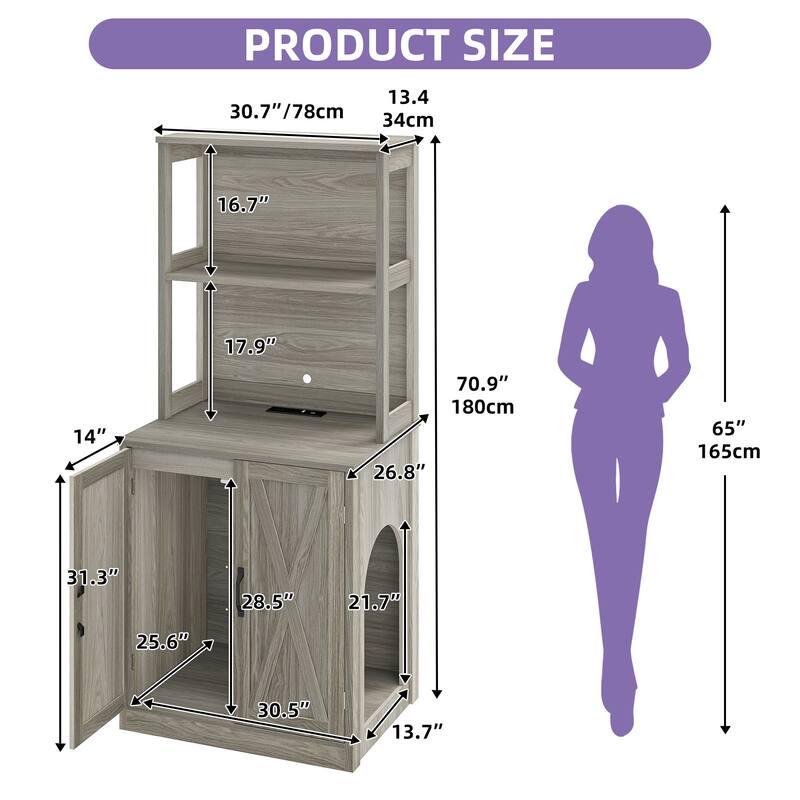 Moasis 71" Tall Hidden Cat Litter Box Enclosure Furniture with Charging Station for Self-Cleaning Litter Boxes