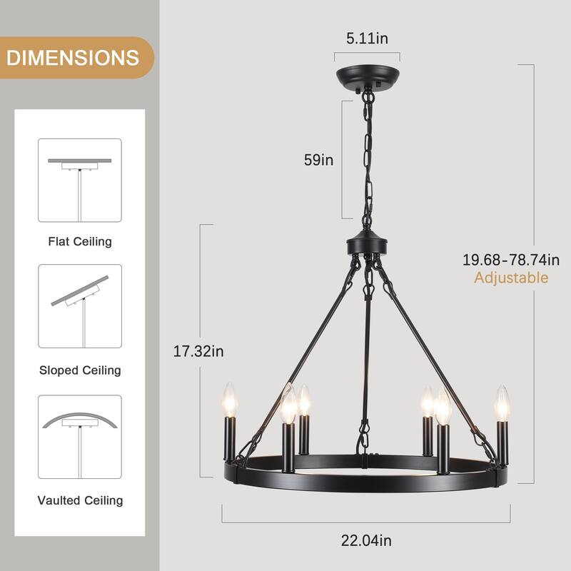 6-Light Farmhouse Candlestick Circle Iron Wagon Wheel Chandelier for Dining Room with No Bulbs Included