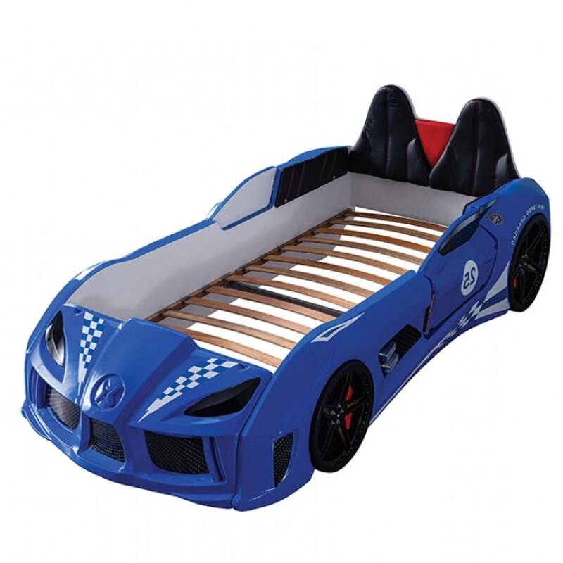 Ticy Twin Size Car Bed w Remote Control LED, Faux Leather Upholstery, Blue
