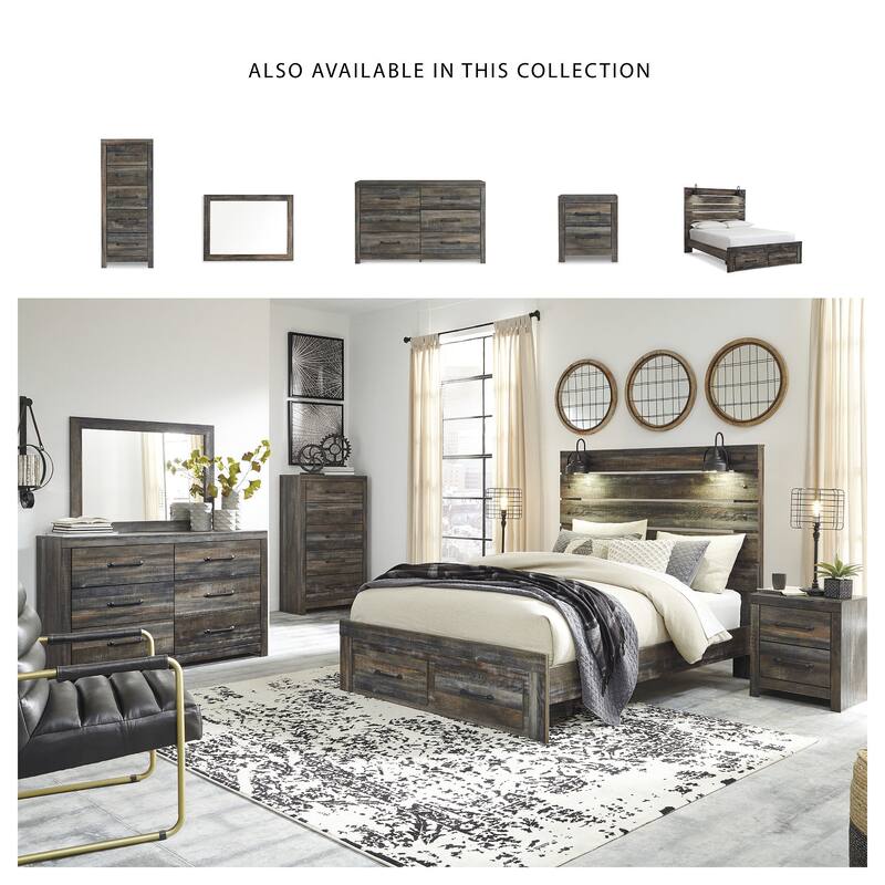 Drystan Rustic Brown Panel Bed with Footboard Storage Drawers