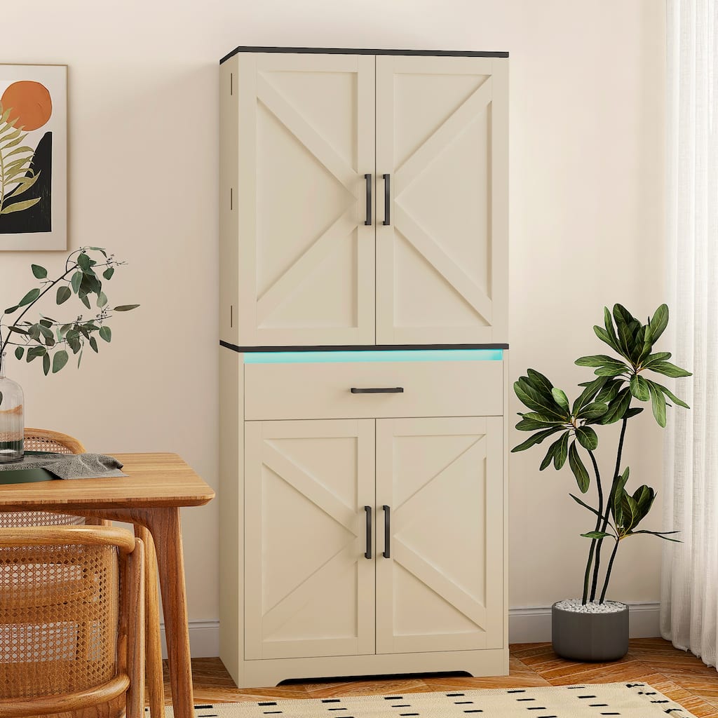 Tall Storage Cabinet Wooden Pantry Cabinet with 16-Color LED Strip, Buffet Cabinet Sideboard with X-Patterned Doors