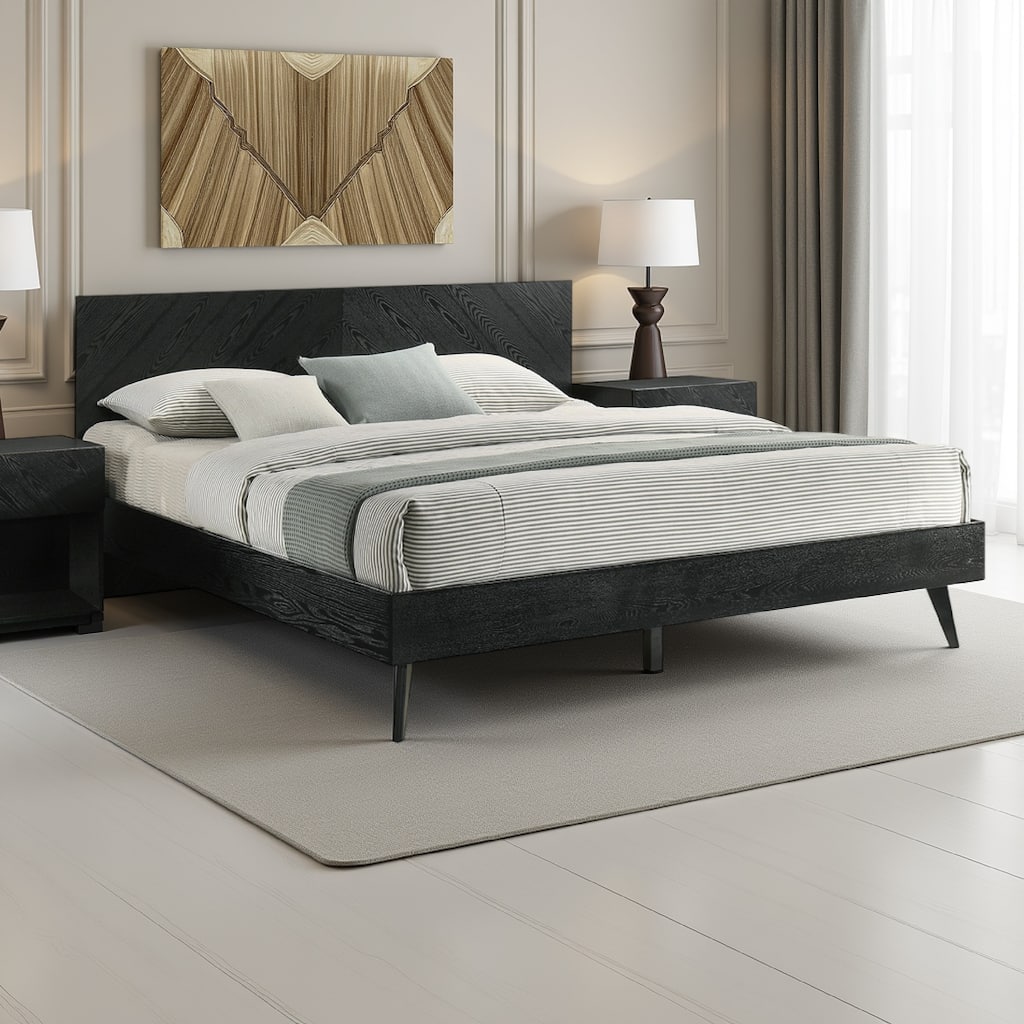 Mian Bedroom 3 pcs Set, King Platform Bed and Nightstand, Sleek Black
