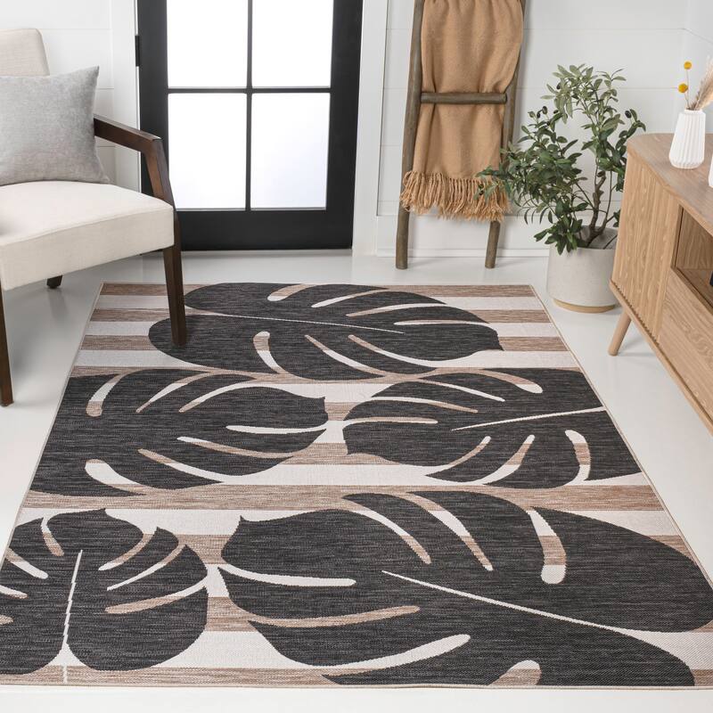 JONATHAN Y Allison Classic Beach Stripe and Monstera Leaf Indoor/Outdoor Area Rug - 2 X 8 - Black/Beige