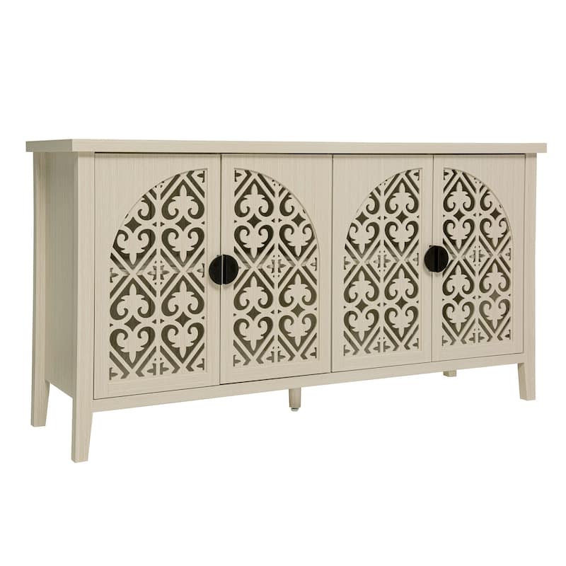 Symmetrical Carved Buffet, Storage Cabinet with Adjustable Shelves, Hollowed-out Accent Cabinet with Wood Feet
