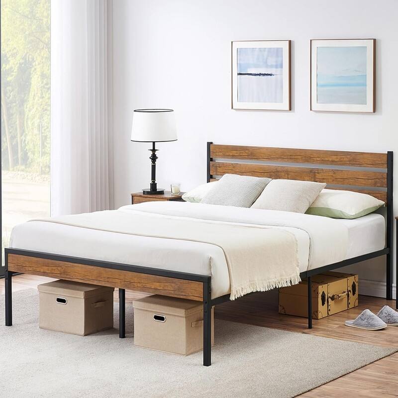 Twin Size Platform Bed Frame with Rustic Wood Headboard