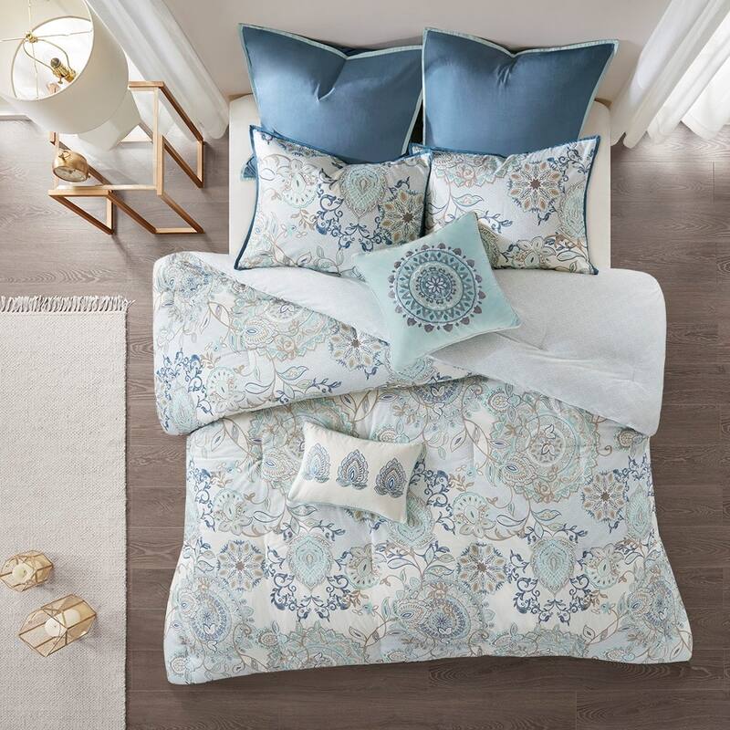 8 Piece Cotton Floral Printed Reversible Comforter Set Blue Queen