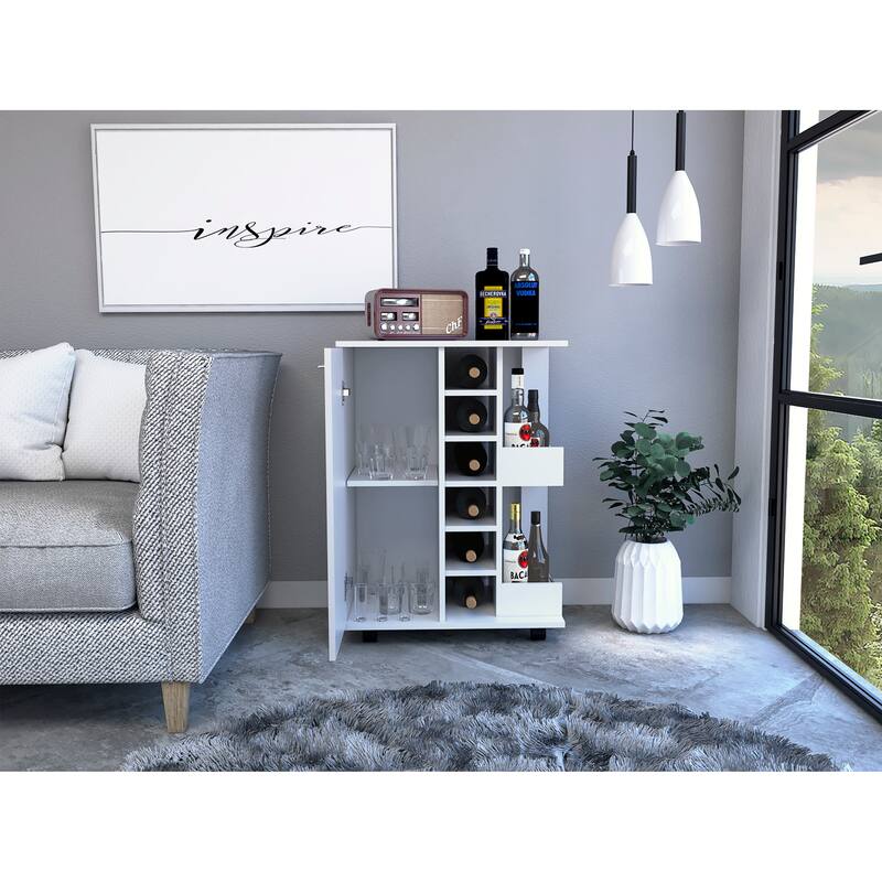Bar Cart, Four Casters, Six Wine Cubbies, Single Door Cabinet