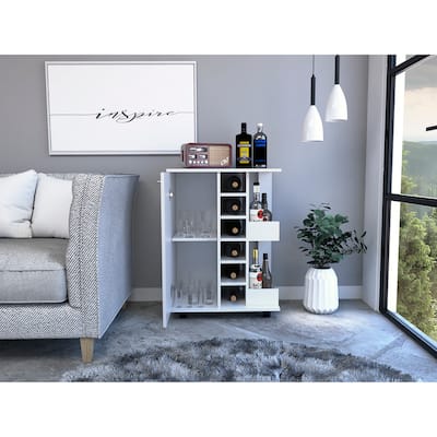 Bar Cart Wells, Four Casters, Six Wine Cubbies, Single Door Cabinet, White Finish