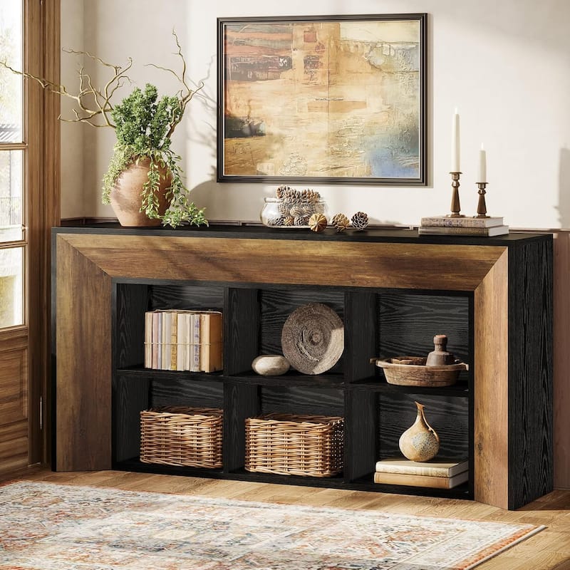63-Inch Long Farmhouse Console Entryway Table with 6 Storage Cubes - 63" W x 13.8" D x 31.5" H