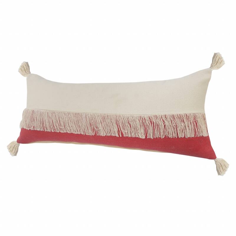 HomeRoots 14" X 36" Raspberry Red And Off-White 100% Cotton Zippered Pillow