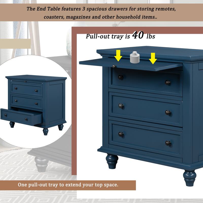 U_STYLE 28'' Pine Veneer Nightstand: 3 Drawers + Pull-Out Tray for Bedroom/Office - Blue