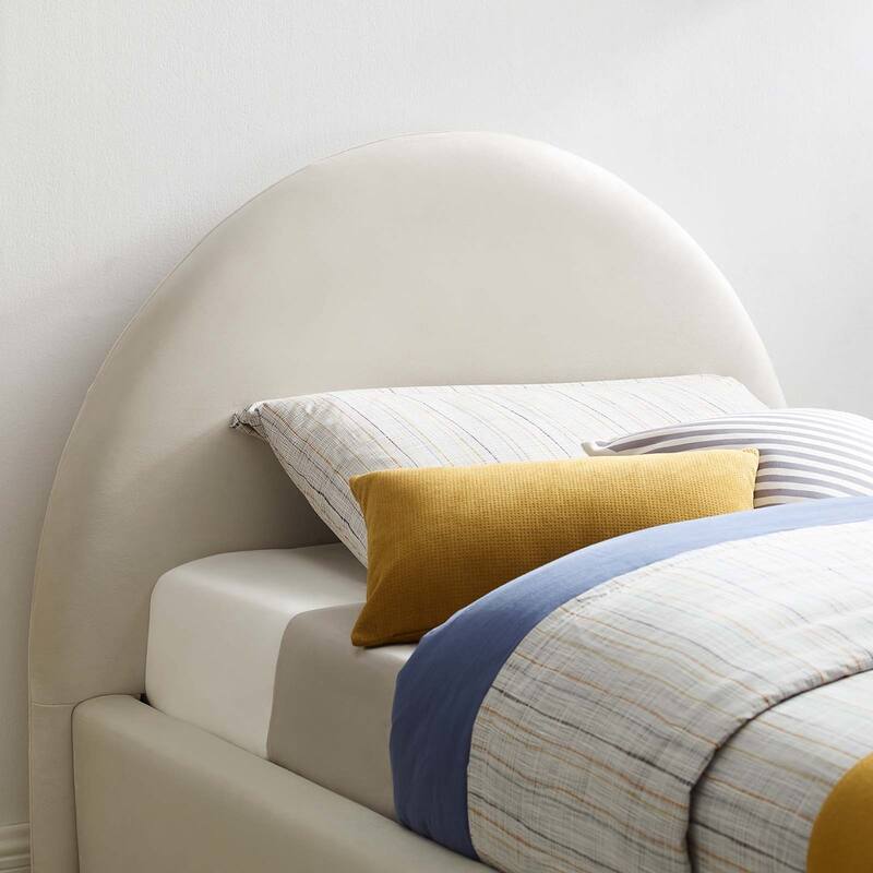 Palmetto Modern Round Headboard Off-white Velvet Upholstered Twin Size Platform Bed