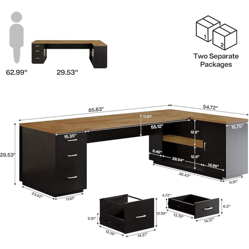 85.8" L-Shaped Executive Desk, Extra Large Office Desk with Drawers