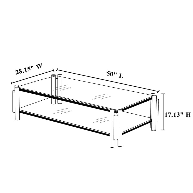 Modern Stainless Steel Coffee Table Tempered Glass Coffee Table with 2Tier Glass Shelves, for Living Room