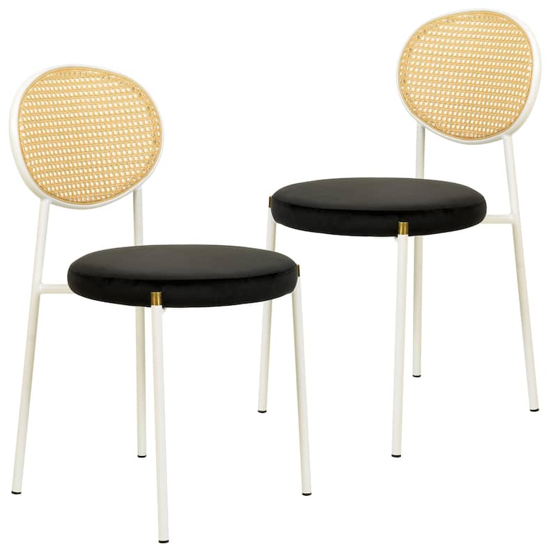 LeisureMod Euston Modern Dining Chair with Upholstered Velvet Seat - Wicker Back and White Stainless Steel Legs Accent Chair - Black