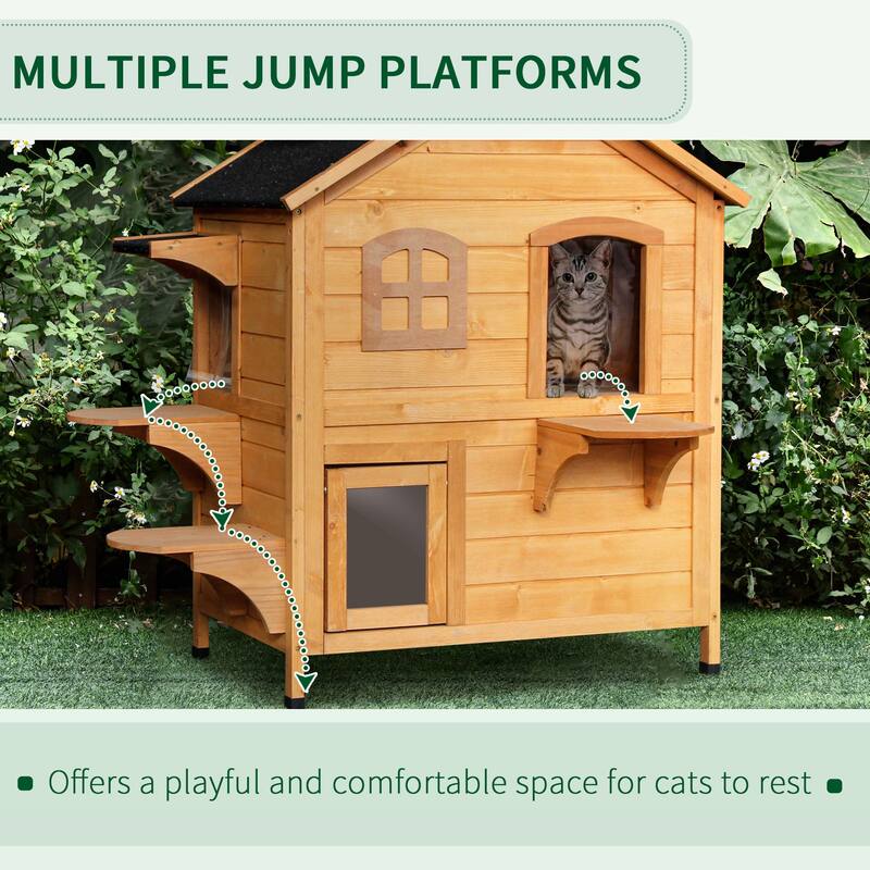 2-Story Outdoor Cat House with Weatherproof Slanted Roof and Escape Door
