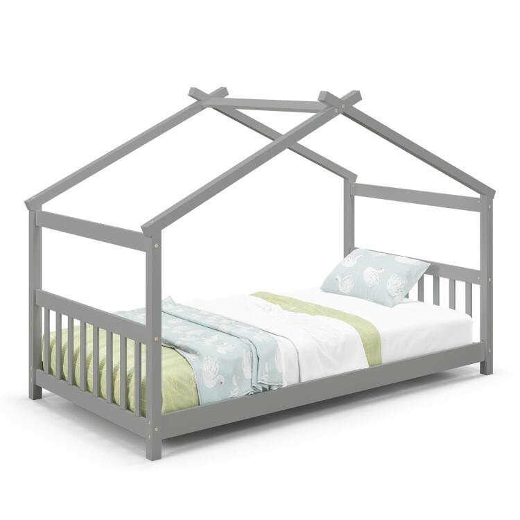 Twin House Bed Frame for Kids with Roof Design and Wood Slat Support